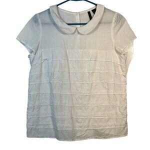 MNG Collection White Tiered Collar Short Sleeve Blouse Size MED EUC #5899